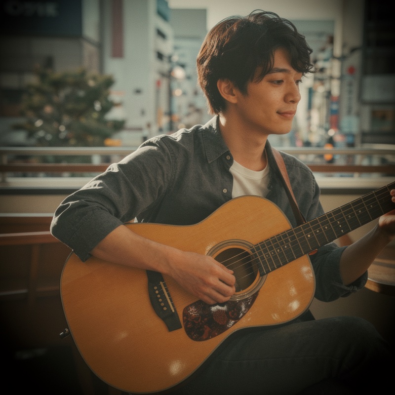 Close portrait of Ozawa Akira in warm record-store window light